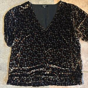 Madewell Black Velvet Floral V-Neck Blouse